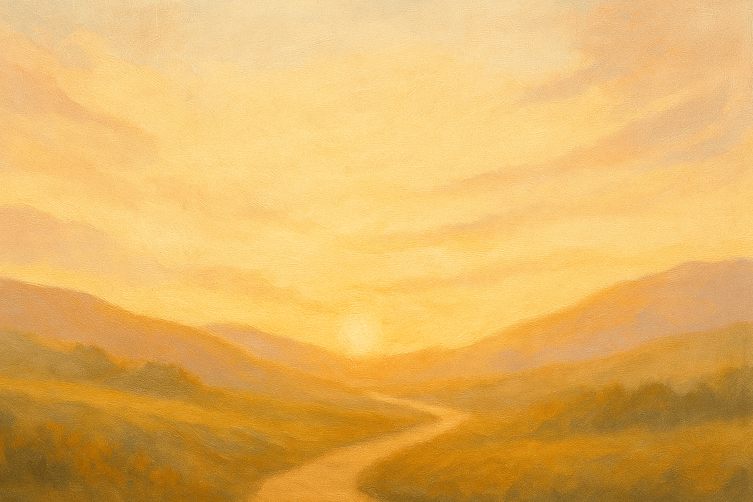 A painted sun rising over a quiet path through golden hills