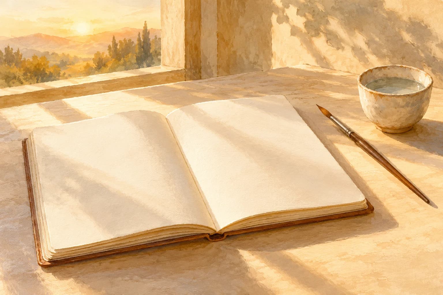 An open journal and paintbrush in soft morning light